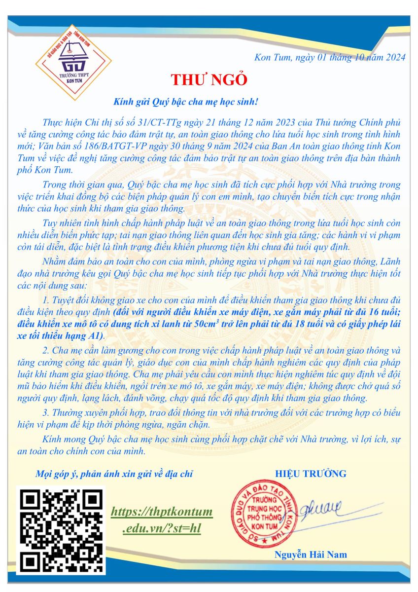 THƯ NGỎ CỦA HIỆU TRƯỞNG NHÀ TRƯỜNG GỬI ĐẾN QUÝ CHA MẸ HỌC SINH !